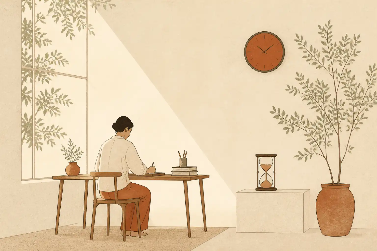 Illustration: eine Person arbeitet ruhig und konzentriert an einem Schreibtisch am Fenster